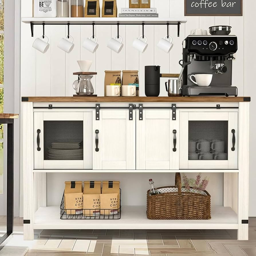 4ever2buy Farmhouse Coffee Bar Cabinet, 47’’ Kitchen Coffee Bar Table, White Coffee Buffet Ca... | Amazon (US)