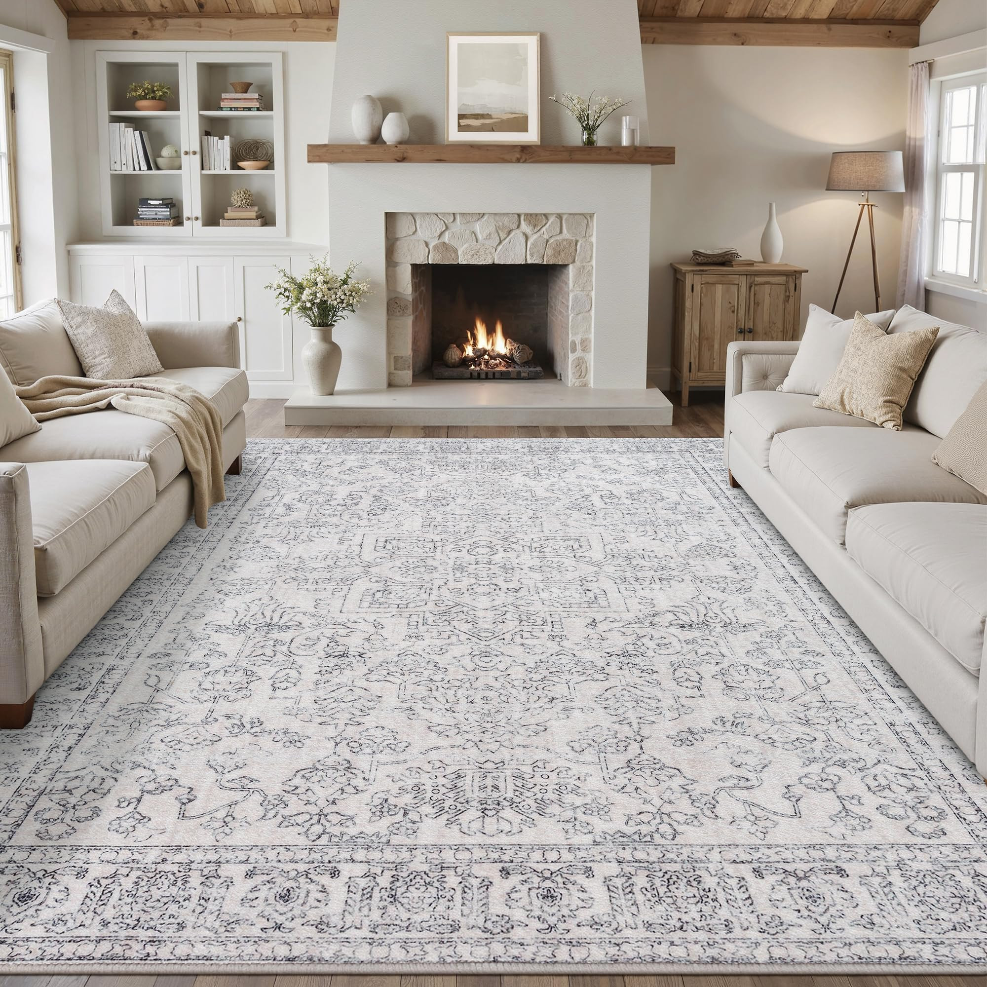 8x10 Area Rugs for Living Room Vintage Washable Rugs Grey Boho Floral Medallion Print Low Pile No... | Amazon (US)
