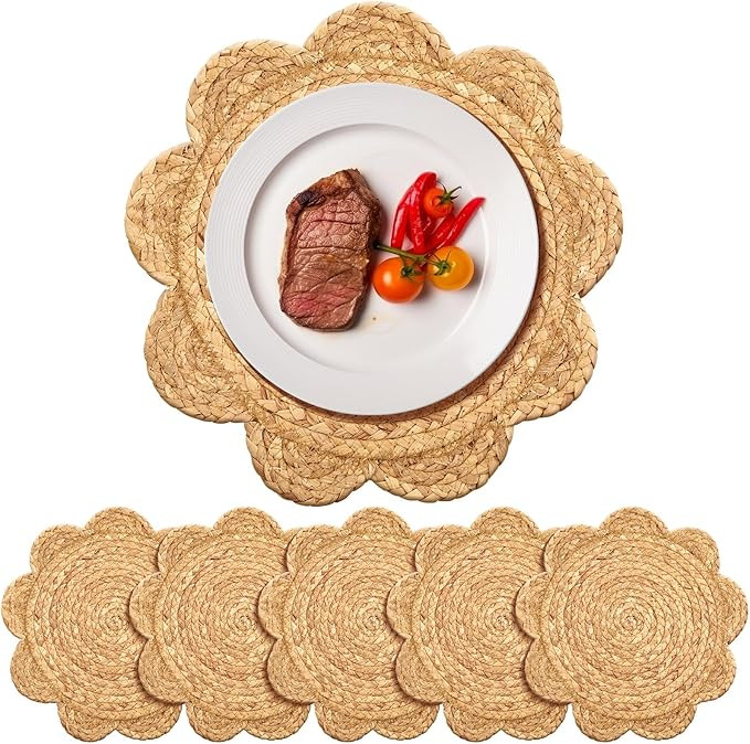 Gandeer 6 Set 13.8 Inch Round Woven Rattan Placemats Plate Chargers, Scalloped Edge Rattan Place ... | Amazon (US)