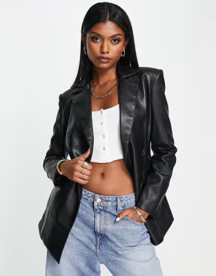 River Island cinched faux leather waist blazer in black | ASOS (Global)