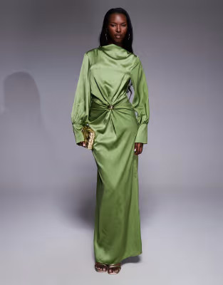 ASOS DESIGN twist front bias satin maxi dress with gold hardware in olive green | ASOS (Global)