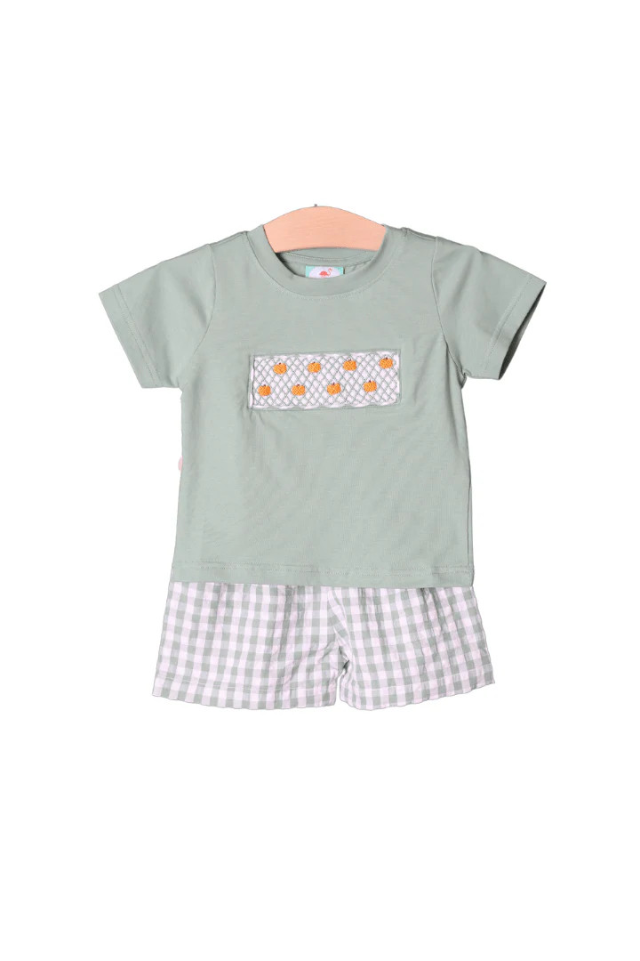 Smocked Heirloom Pumpkin Seersucker Short Set | The Smocked Flamingo
