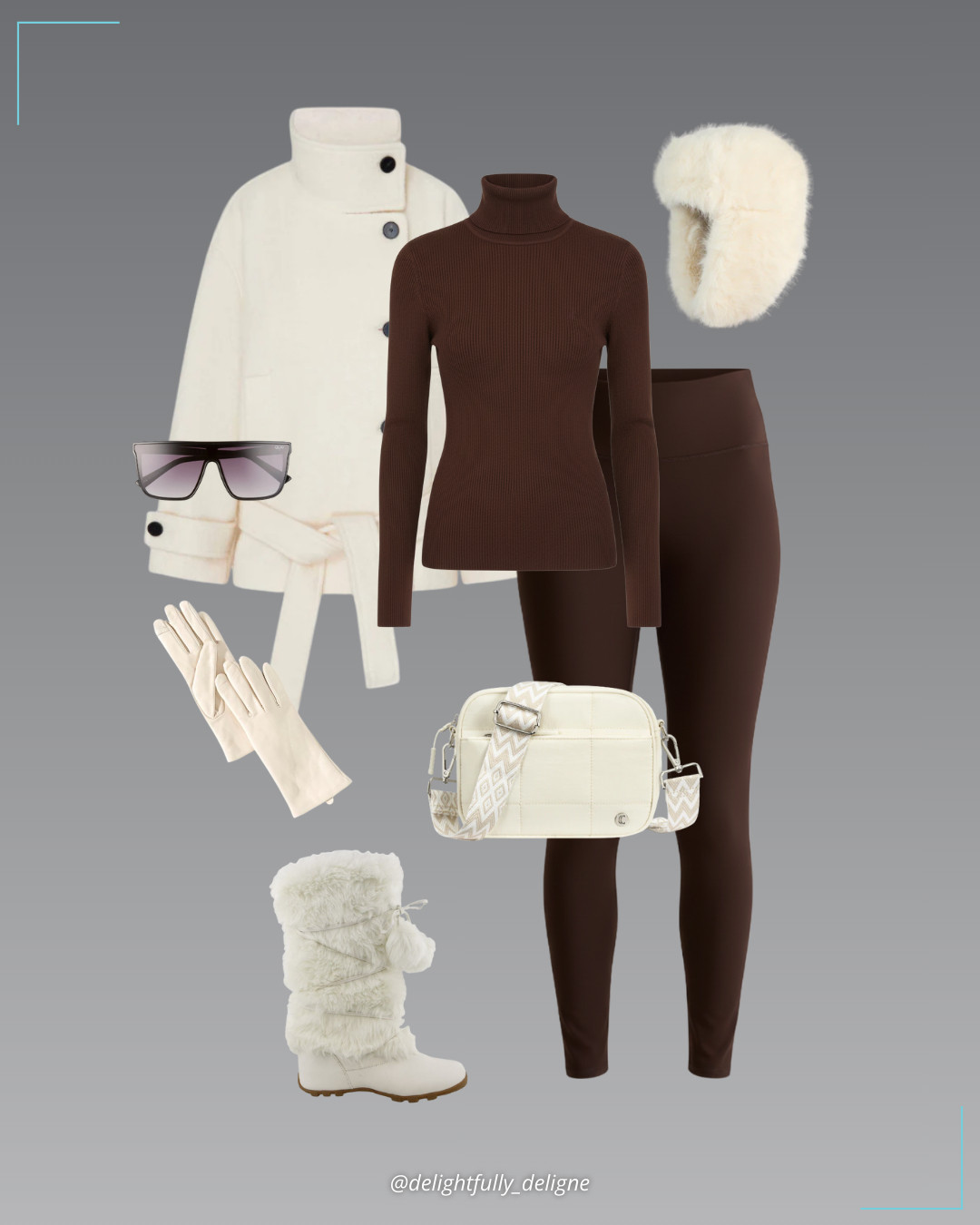 Cold-Weather Comfort 🤎🤍 Turtleneck knit sweater, wool belt coat, high-rise thermal leggings, leather cashmere tech-tip gloves, puffer shoulder bag with wide strap, faux-fur trapper hat, faux-fur mid-calf winter snow boots & flat-top sunglasses. 

 #LTKootd #LTKSeasonal #LTKOver40