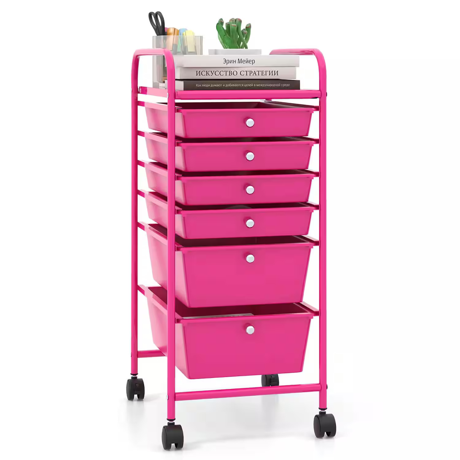 Costway - 6 Drawer Rolling Storage Cart Scrapbook Paper Office Organizer - Hot Pink | Best Buy U.S.