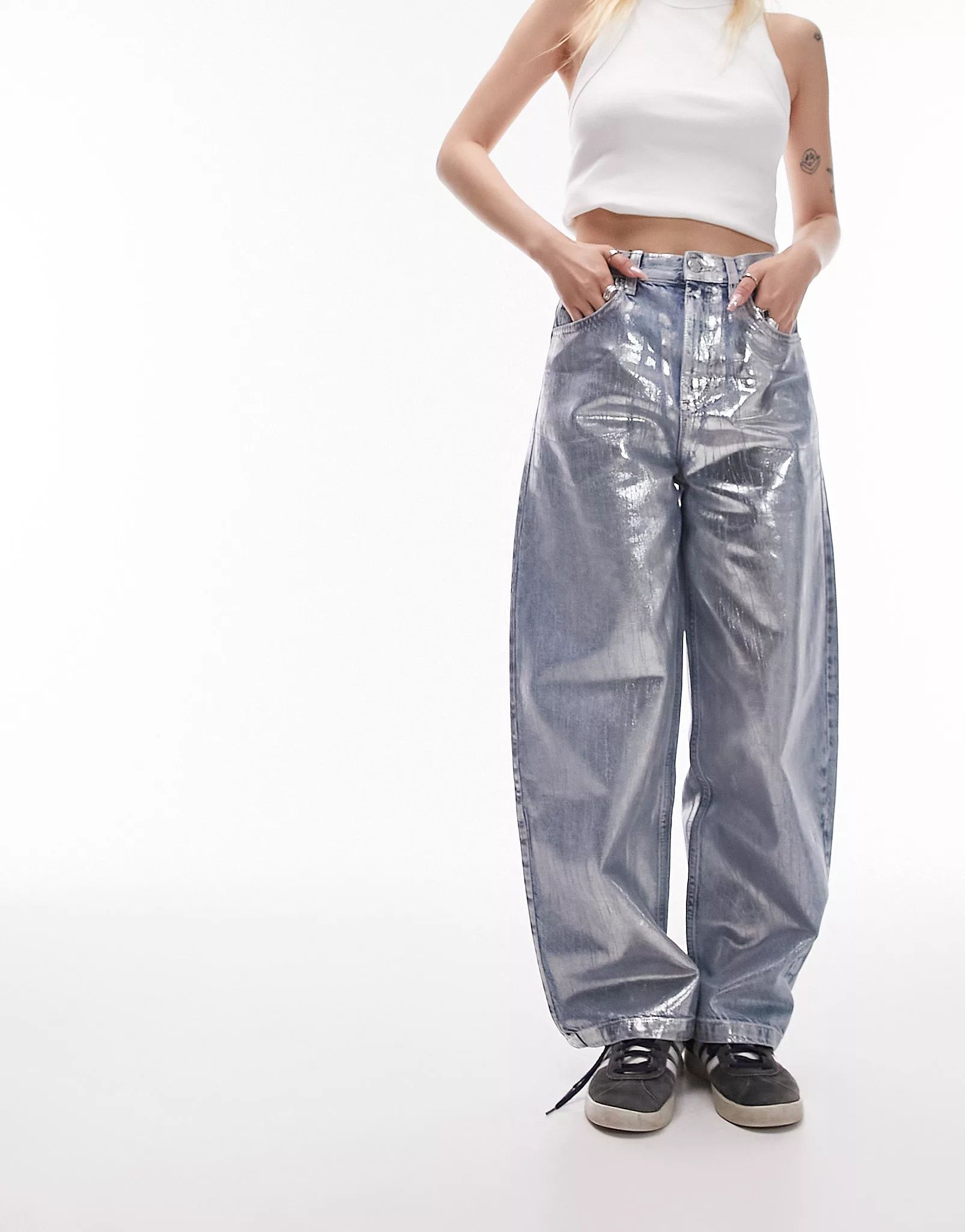 Topshop Petite silver foil baggy jeans in mid blue | ASOS (Global)