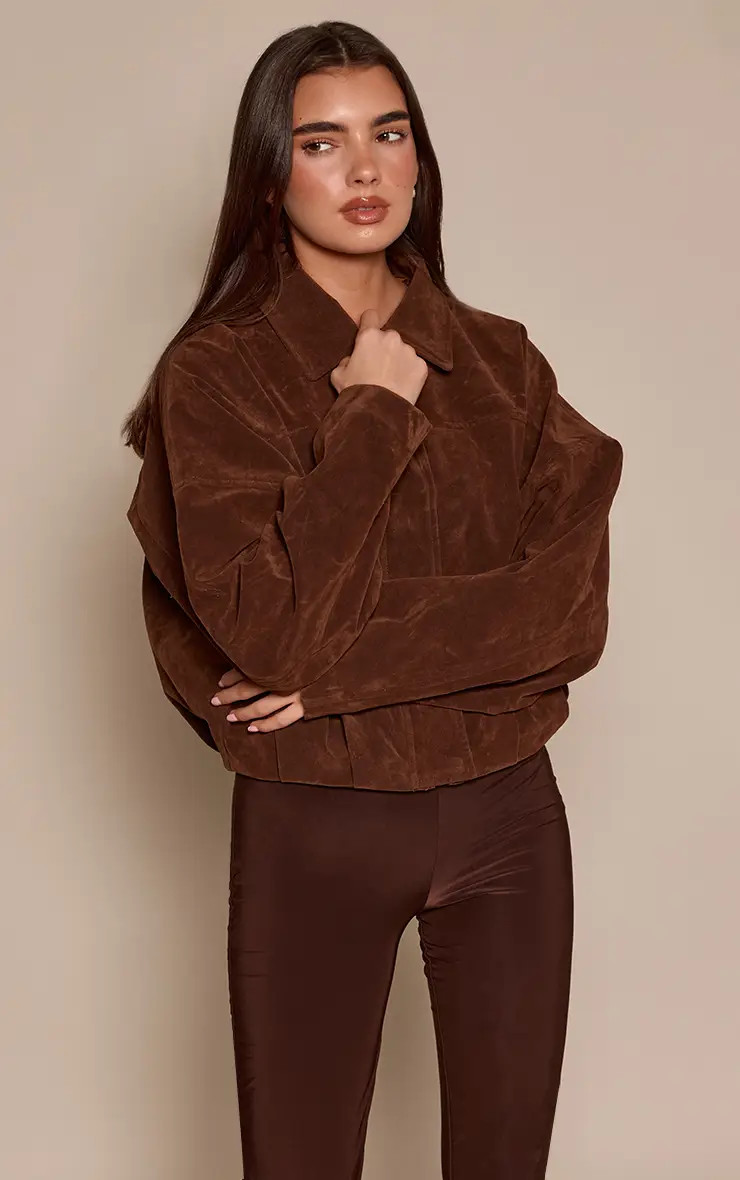Chocolate Faux Suede Covered Placket Bomber Jacket | PrettyLittleThing US