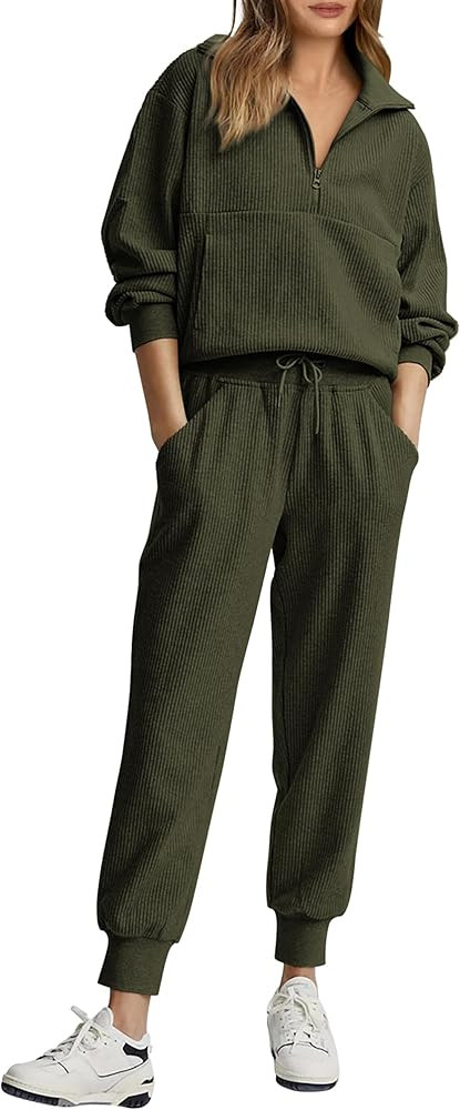 PRETTYGARDEN Womens 2 Piece Sweatsuits Set Long Sleeve Half Zip Pullover Sweatshirt Joggers Sweat... | Amazon (US)