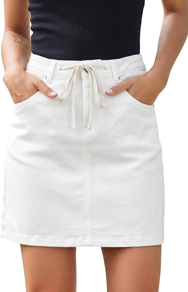 Sidefeel Women's Jean Skirt High Waist Drawstring Stretchy Casual Summer Loose Fit Trendy Mini De... | Amazon (US)