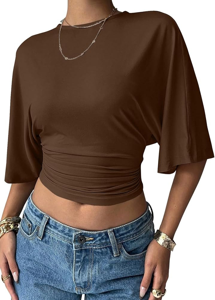 LOLONG Womens Crew Neck Half Sleeve Ruched Shirts Summer 2026 Casual Cinched Waist Crop Tops | Amazon (US)