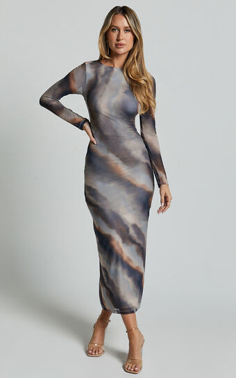 Zyra Midi Dress - High Neck Long Sleeve Mesh Dress in Tie Dye Print | Showpo (US, UK & Europe)