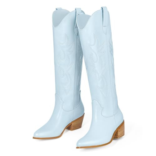 Ouepiano Cowboy Boots for Women Knee High Wide Calf Cowgirl Boots Embroidered Chunky Heels Pointed Toe Long Tall Western Boot Pull On (Blue, Size 10) | Amazon (US)