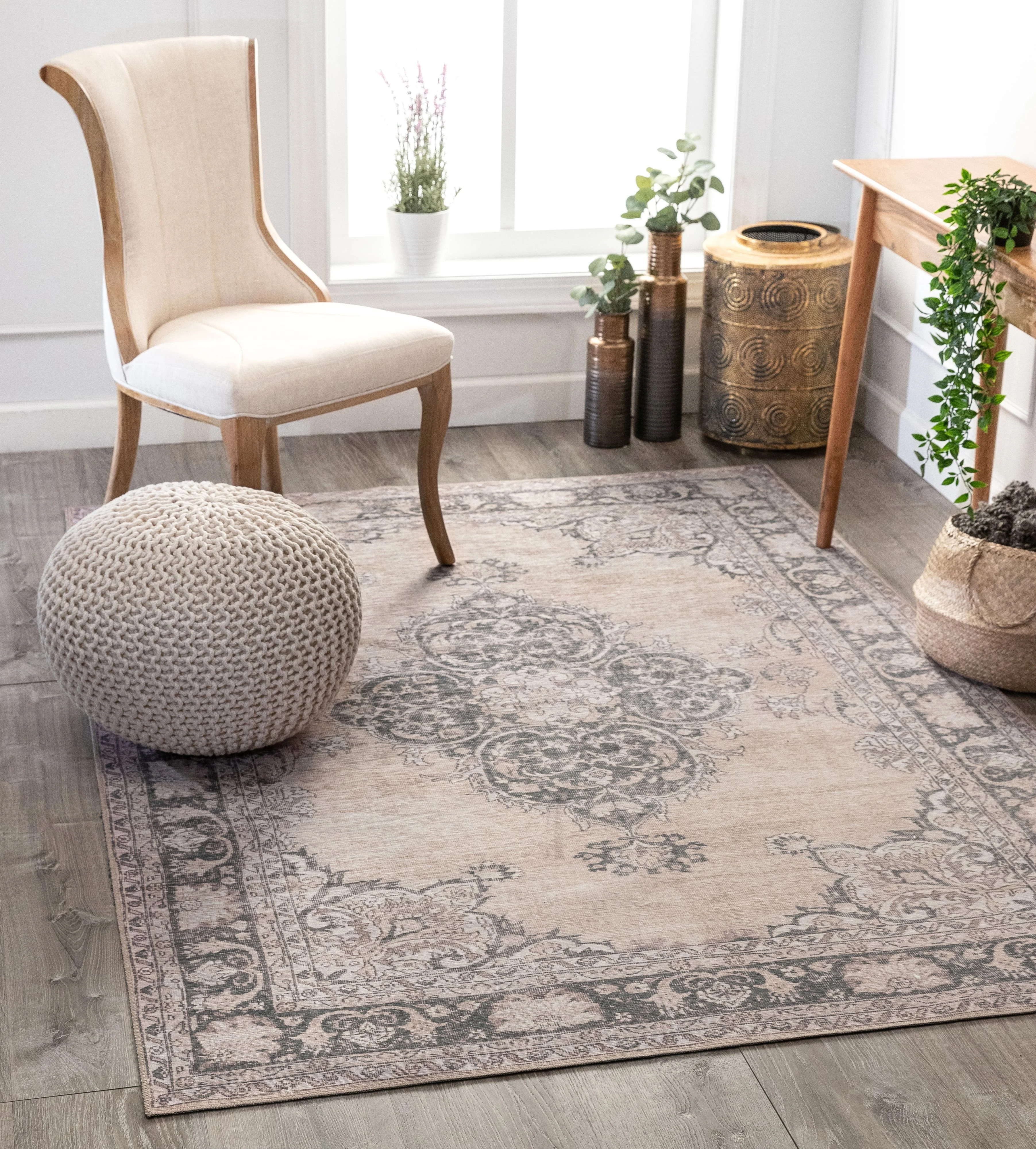 Well WovenWell Woven Machine Washable Nile Tarifa Vintage Bohemian Medallion Floral Border Beige ... | Walmart (US)