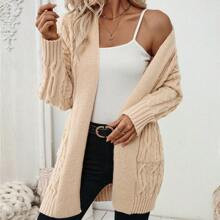 Plus Size Cardigan With Double Pockets, Simple Solid Color With Twist Print, Casual For Autumn/Winter | SHEIN