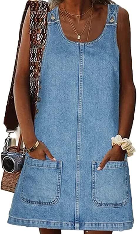 BZB Women's Sleeveless Casual Denim Dress Crewneck Vintage Overall Mini Dress with Pockets | Amazon (US)