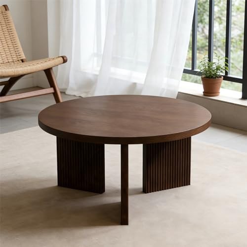 N NOORDENIYA Wooden Round Coffee Table, 35" Coffee Table with Smooth Thick Mesa, Low Circle Center Table with X Shaped Stable Legs, Accent Tea Table for Living Room, Office, Brown | Amazon (US)