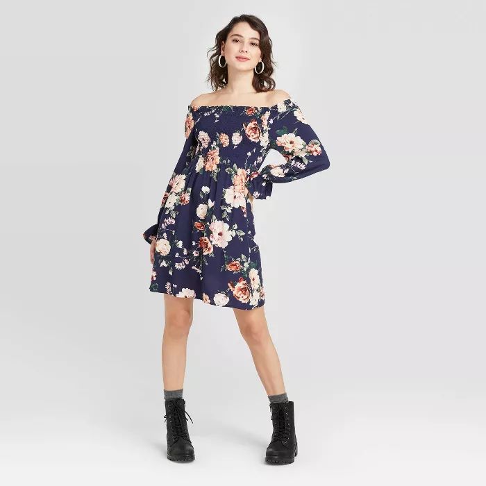 Women's Floral Print Long Sleeve Smocked Top Mini Dress - Xhilaration™ Navy | Target