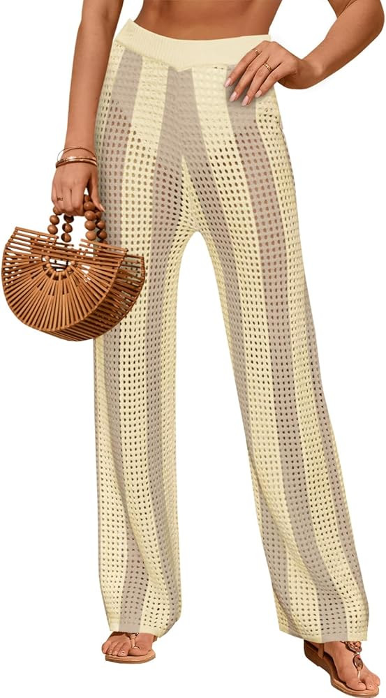 Fisoew Womens Crochet Cover Up Pants Striped High Waisted Sexy Sheer Mesh Knit Summer Beach Swims... | Amazon (US)