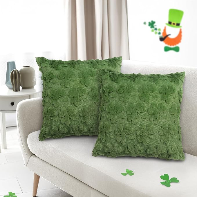 Emvency St. Patrick Day Green Shamrock Decorative Throw Pillow Covers 18x18 Set of 2, Soft Plush ... | Amazon (US)