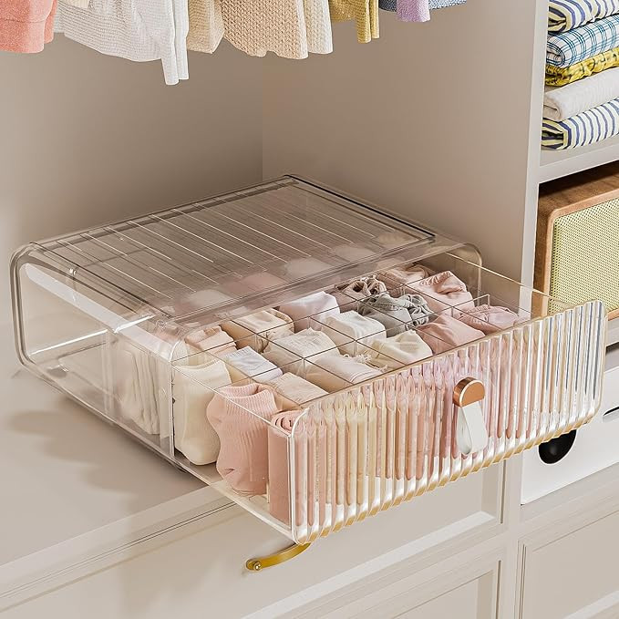 Sock Underwear Drawer Organizer - 24 Compartment Clear Acrylic Storage Bins with Removable Divide... | Amazon (US)