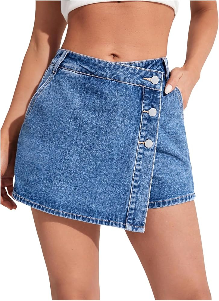 WDIRARA Women's High Waisted Button Front Denim Skort Asymmetrical Hem Skirt Shorts | Amazon (US)