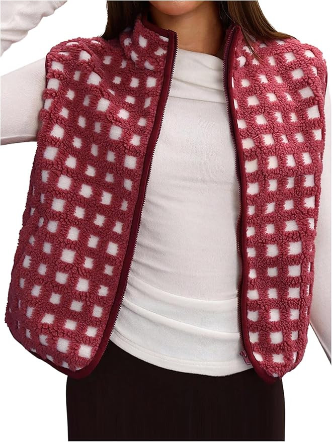 Women's Checkered Sherpa Vest Fuzzy Fleece Plaid Vest Zip Up Sleeveless Gingham Tops Jacket Outer... | Amazon (US)