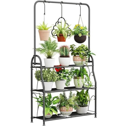 SORCEDAS Plant Stand Indoor Outdoor 3 Tier Tall Corner Hanging Plant Shelf Metal Flower Stands Ladder Plant Holder for Living Room Balcony Garden Patio Multiple Plants, Dark Grey | Amazon (US)