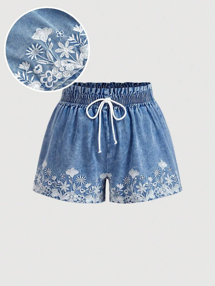 SHEIN MOD Plus Size Blue Elastic Waist Embroidered Denim Shorts | SHEIN