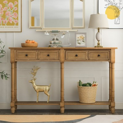 Whisen Rustic Rectangle Pine Wood Entryway Console Table Sofa Side Table with Drawers and Bottom Shelf - Old Pine | Target
