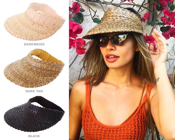 Seven Island Summer Beach Outdoor Raffia Straw Rattan Palm Leaf Sun Visor UV Protection Hat Cap | Etsy (US)