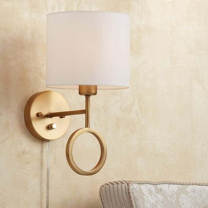 Amidon Wall Lamp Plug in Warm Brass Ring White Drum Shade for Bedroom Living Room Reading - 360 L... | Amazon (US)