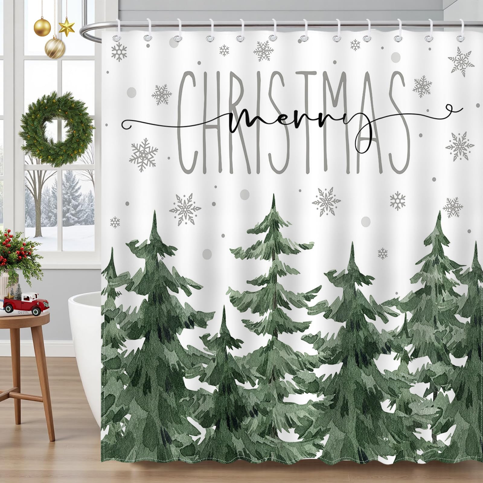 Mocsicka Winter Pine Tree Shower Curtain Winter Forest Scene Christmas Snowflake Bathroom Shower ... | Amazon (US)