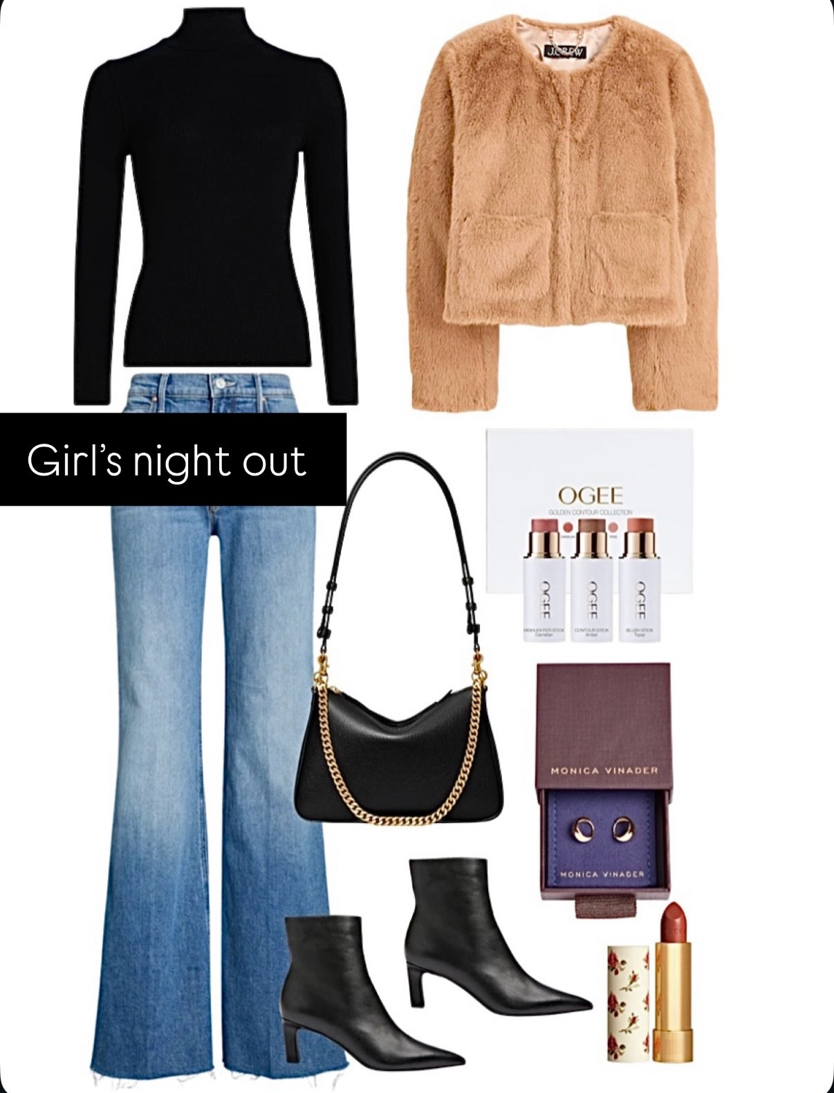 Faux fur jacket
Jeans 
Black booties 
Earrings 
Lipstick 

#LTKSeasonal #LTKSaleAlert #LTKFindsUnder100