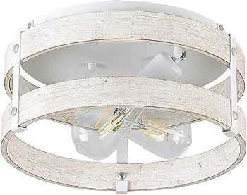 Modern Farmhouse ?Antique White Distressed Flush Mount Light Fixture 2-Light Wood Drum Semi Flush... | Amazon (US)