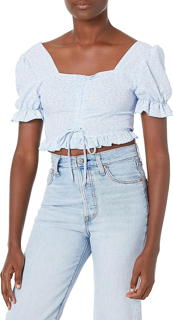 Floerns Women's Summer Square Neck Schiffy Drawstring Front Crop Top Blouse | Amazon (US)