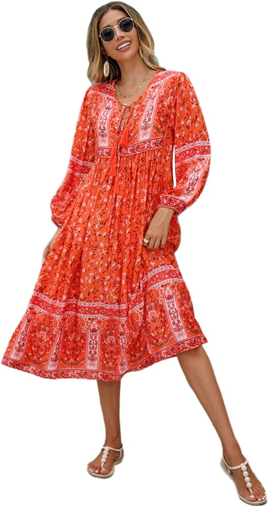 R.Vivimos Women's Long Sleeve Floral Print Retro V Neck Tassel Bohemian Midi Dresses | Amazon (US)