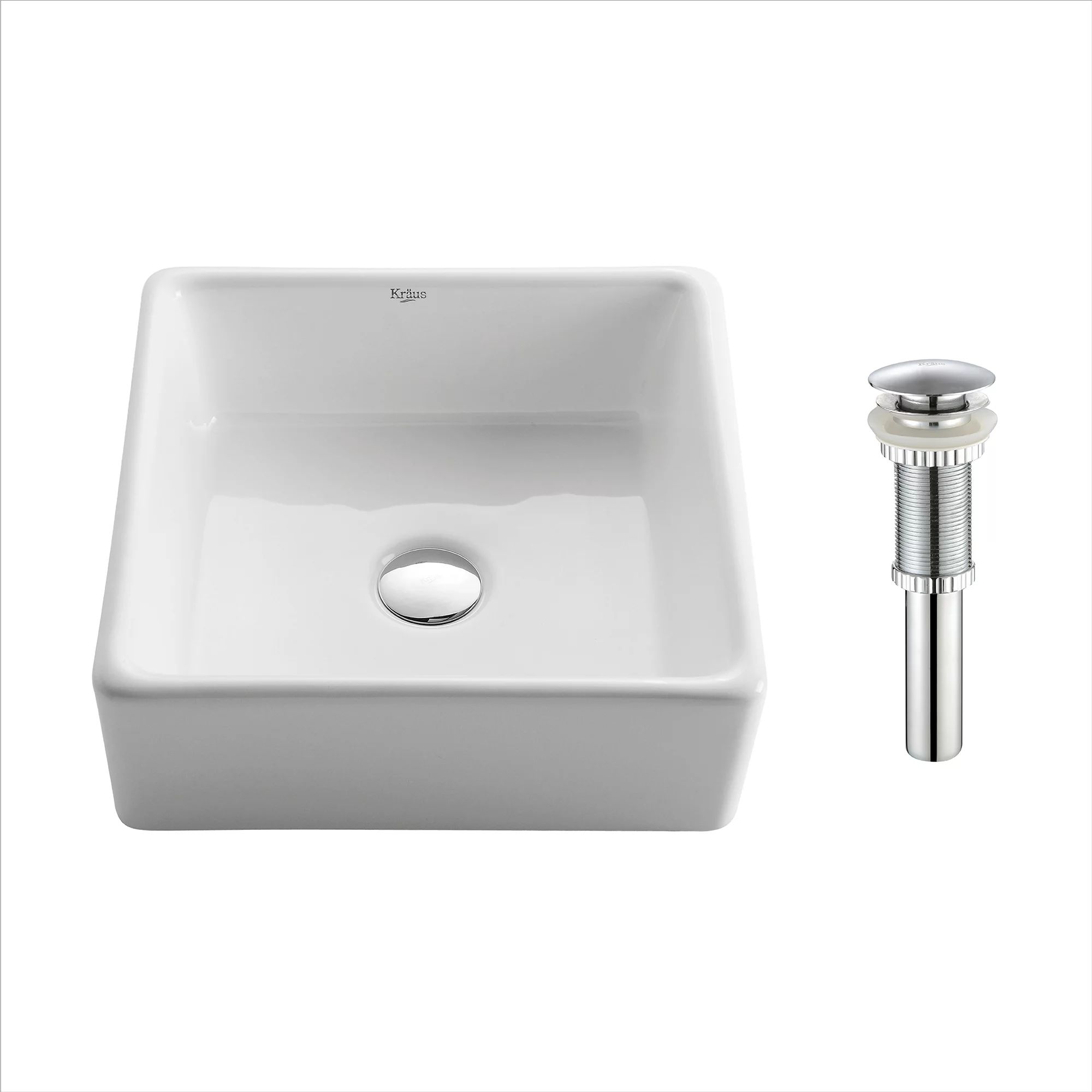 KRAUS Square Ceramic Vessel Bathroom Sink in White with Pop-Up Drain in Chrome | Walmart (US)