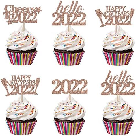 Hello 2022 Cheers to 2022 Happy New Year 2022 Cupcake Toppers Rose Gold Glitter, New Years 2022 Cake | Amazon (US)