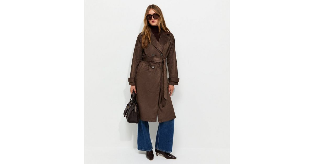 Women's Dark Brown Faux Suede Double Breasted Trench Coat New Look | New Look (UK)