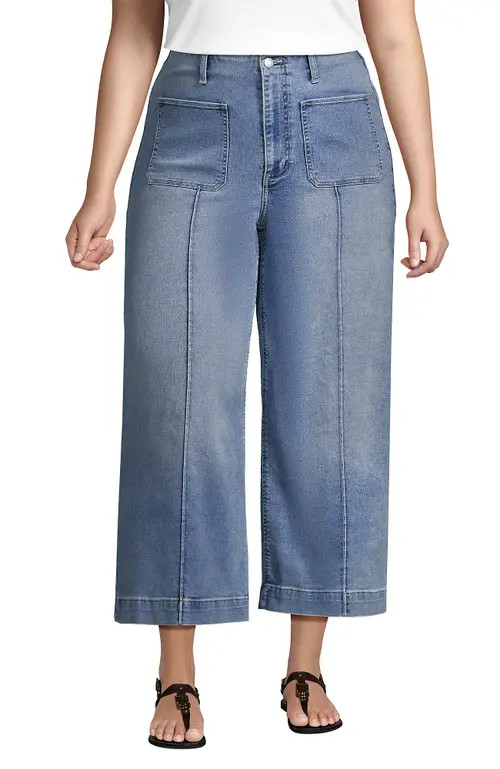 Lands' End Plus Size Recover Denim High Rise Patch Pocket Extra Wide Leg Crop Jeans in Lake Blue Wash at Nordstrom, Size 24W | Nordstrom