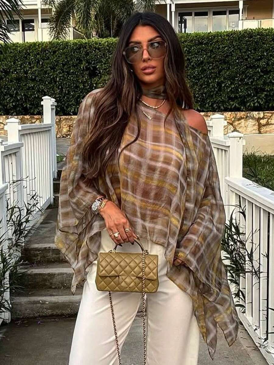 HH Chic Women's Round Neck Batwing Plaid Scarf Poncho, Elegant Women Clothing Spring, Effortless Style | SHEIN