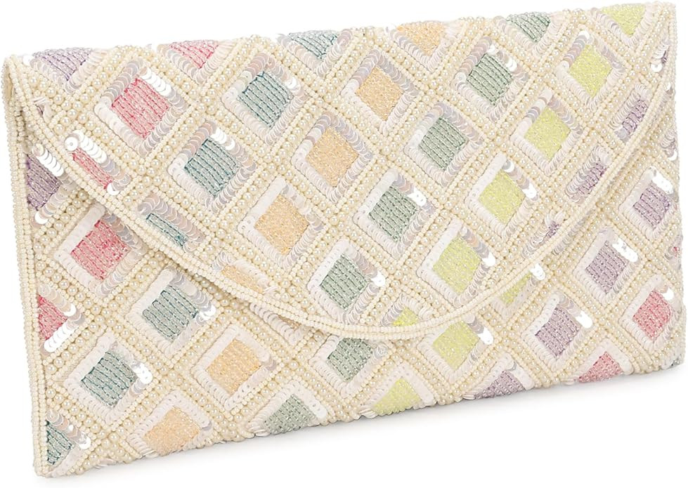 LONGING TO BUY Geometric Beaded Envelope Clutch, Pastel Colors, Silver Chain Strap, Evening Purse | Amazon (US)