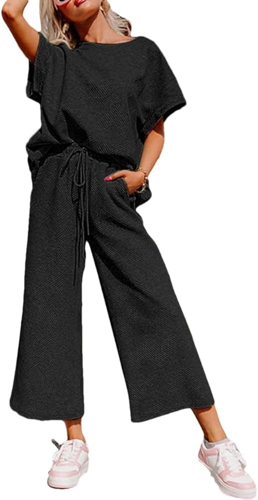 OPCAKM Women's 2 Piece Textured Sweatsuit Short Sleeve Pullover Top Wide Leg Pant Tracksuit Set | Amazon (US)