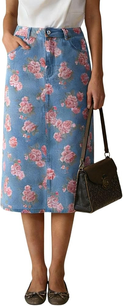 chouyatou Women's Floral Print Denim Midi Long Skirt Business Casual High Waisted A Line Jean Ski... | Amazon (US)
