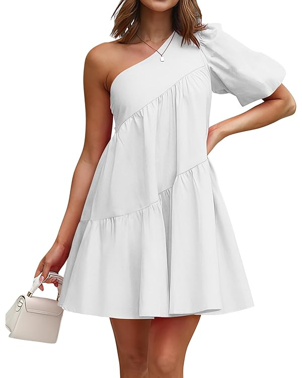 KIRUNDO Summer Dresses for Women 2024 Cute One Shoulder Puff Sleeve Tiered A Line Babydoll Mini B... | Amazon (US)