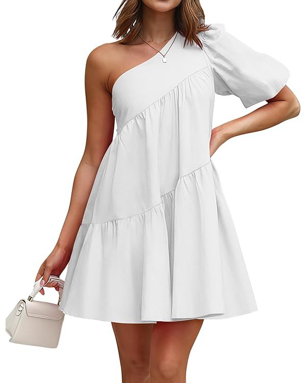 KIRUNDO Summer Dresses for Women 2024 Cute One Shoulder Puff Sleeve Tiered A Line Babydoll Mini B... | Amazon (US)