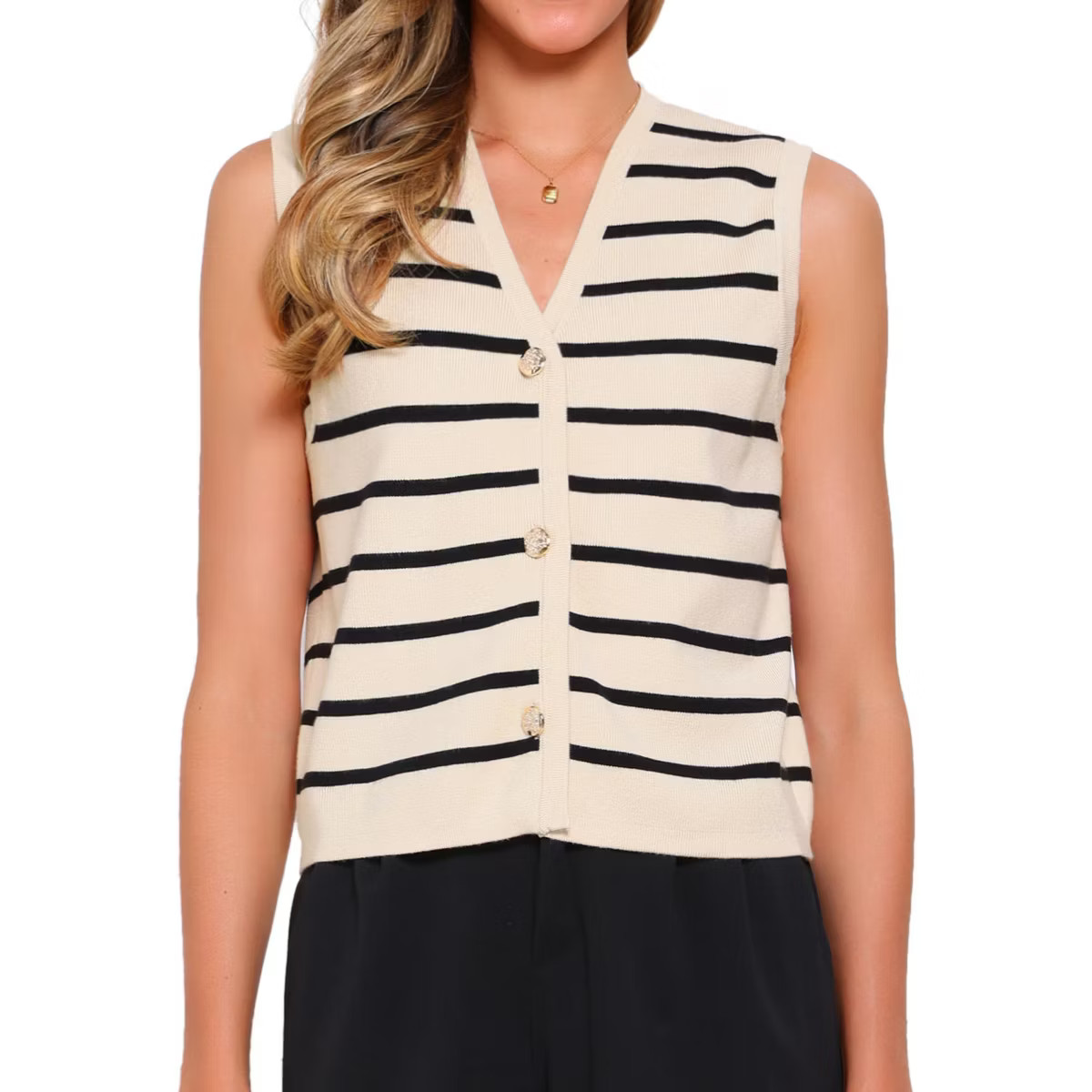 INSPIRE CHIC Women's V-Neck Sleeveless Button Down Knitted Striped Sweater Vest X-Large Beige | Target