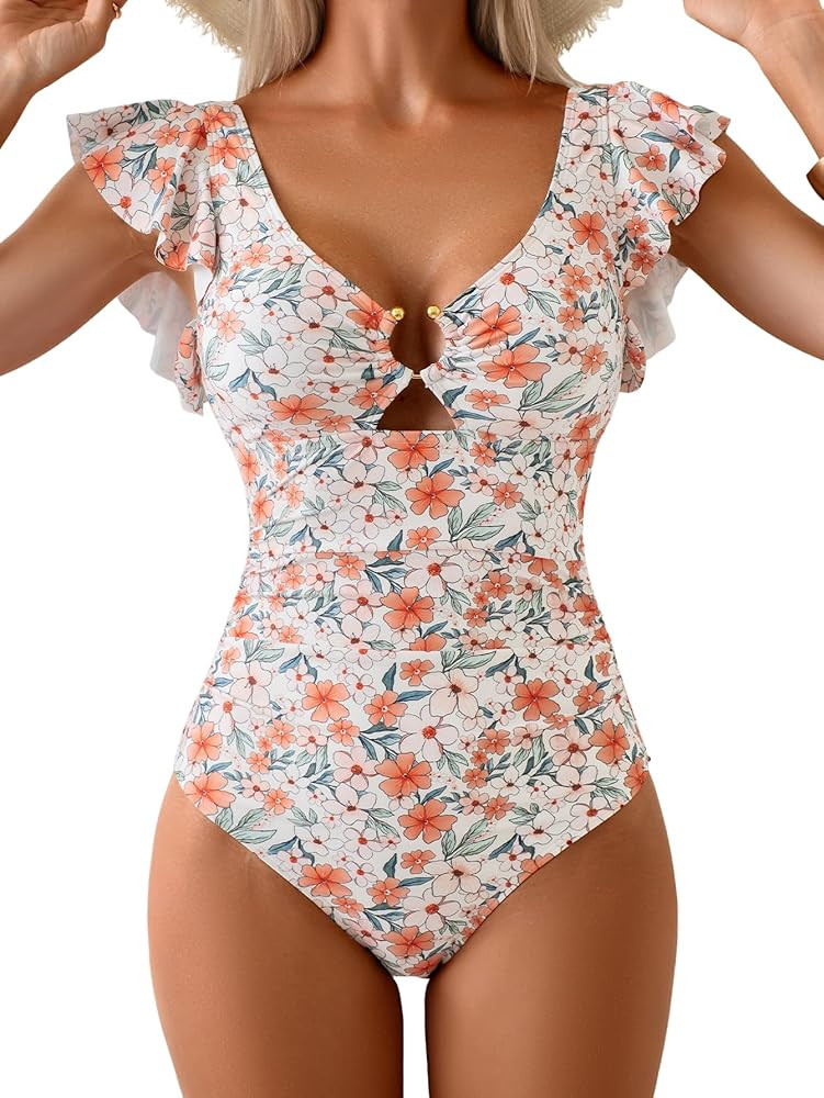 Eomenie Womens Ruffled One Piece Swimsuit Slimming Tummy Control Bathing Suit V-Neck Cutout Swimw... | Amazon (US)