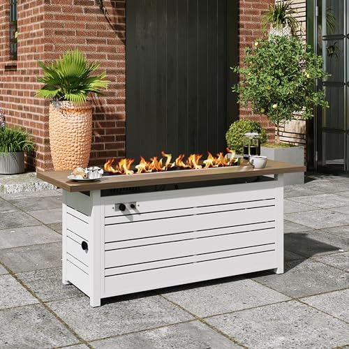 MIXPATIO 56 Inch Gas Fire Pit Table, 50,000 BTU Propane Pits for Outside with Removable Lid and Glass Fire Rocks, 2 in 1 Firepit Table Gatherings Parties on Patio Deck Garden Backyard, White | Amazon (US)