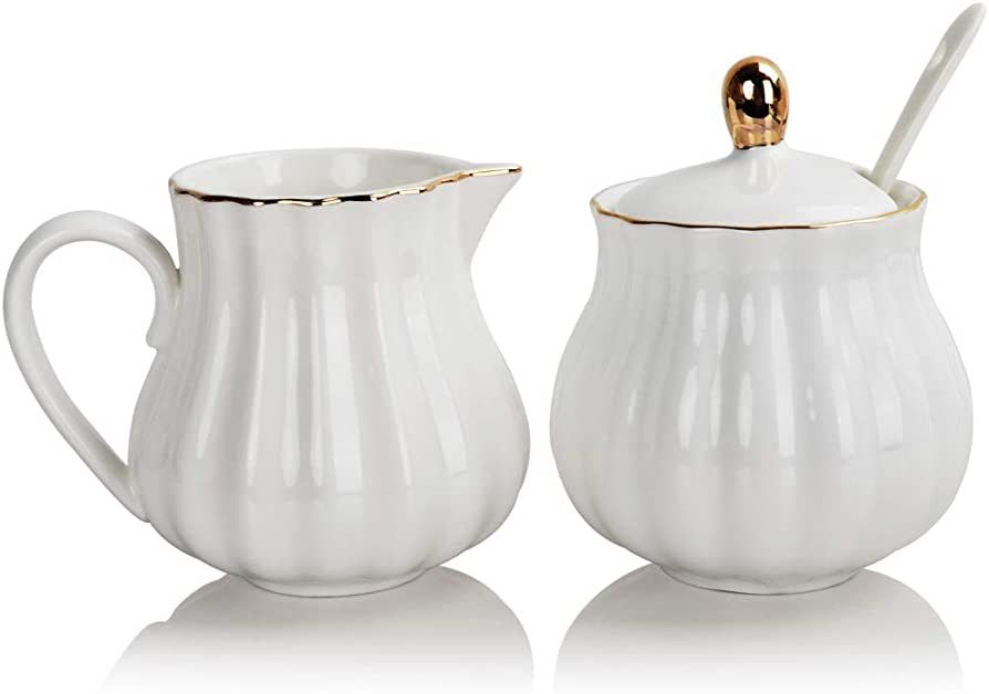 Sweejar Royal Ceramic Sugar and Creamer Set, 3 Piece Set with Cream Pitcher, Sugar Bowl, Sugar Se... | Amazon (US)