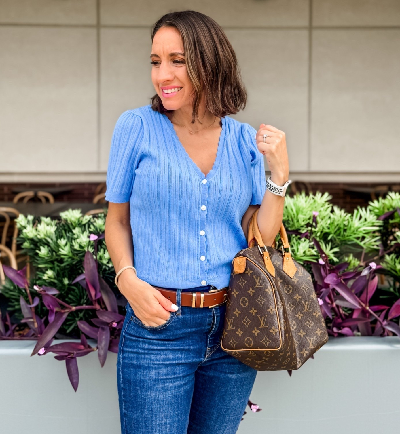 Casual Outfit that still feels put together. It’s petite friendly and is really cute. 
Light blue cardigan top is perfect on its own, and can absolutely be layered in the fall with light weight tops. This top is great quality, and fits so good. Wearing a size small. 

Levi’s jeans are a staple I love. 
There is no guess work on sizing. Go with your true size. 

Testing out the belt trend. Love this brown faux leather belt. Go with your regular size. 🤓

Brown Louis Vuitton Speedy is a classic that never loses its appeal. Love that it is available in different sizes.  
This bag isn’t everyone’s cup of tea. Here are some equally cute brown handbag 👜 ideas. 
Petite style 
Petite outfit

#LTKOver40 #LTKPetite #LTKootd